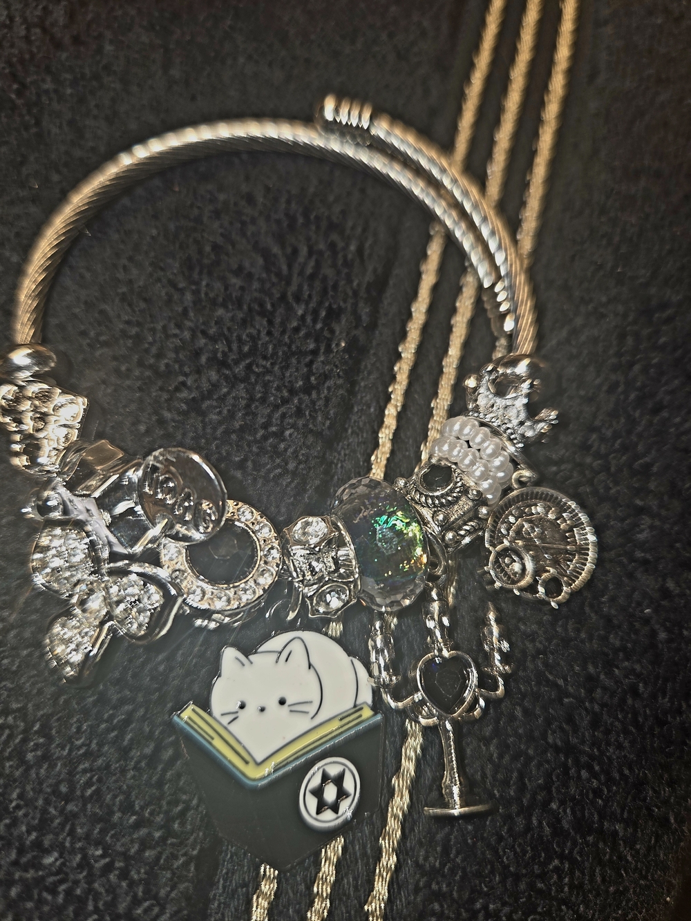 Silver Cat Charm Bracelet with Enamel Cat-in-Book Accent